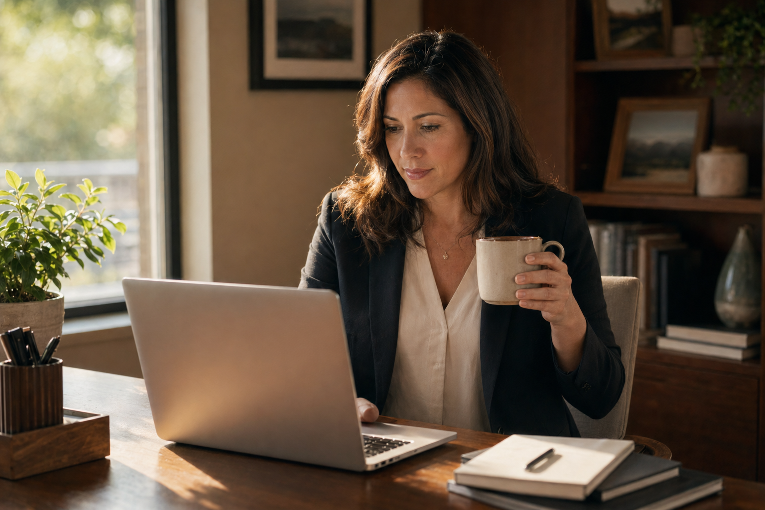 A producer at her desk Monday morning, reviewing her prepared queue with quiet focus
