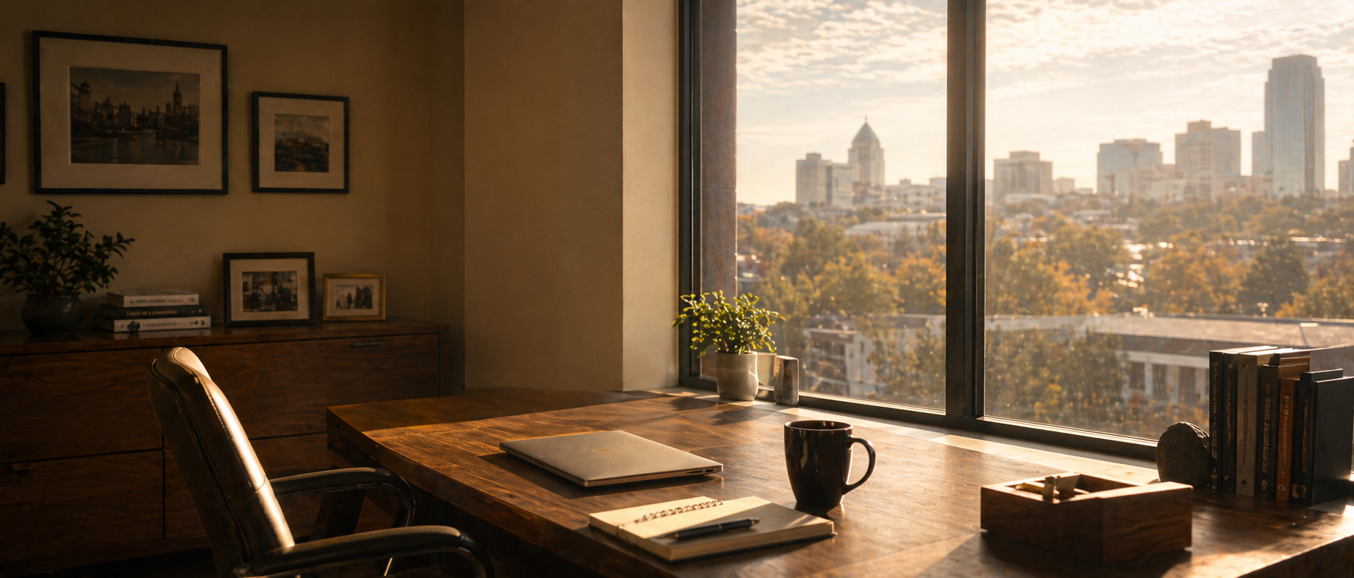 An empty brokerage office at dawn, with morning light through the window